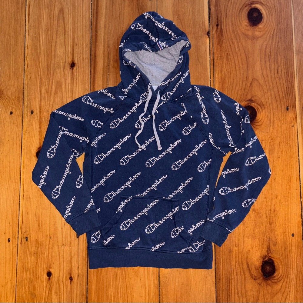 Champion Authentic Navy All Over Logo Hoodie M